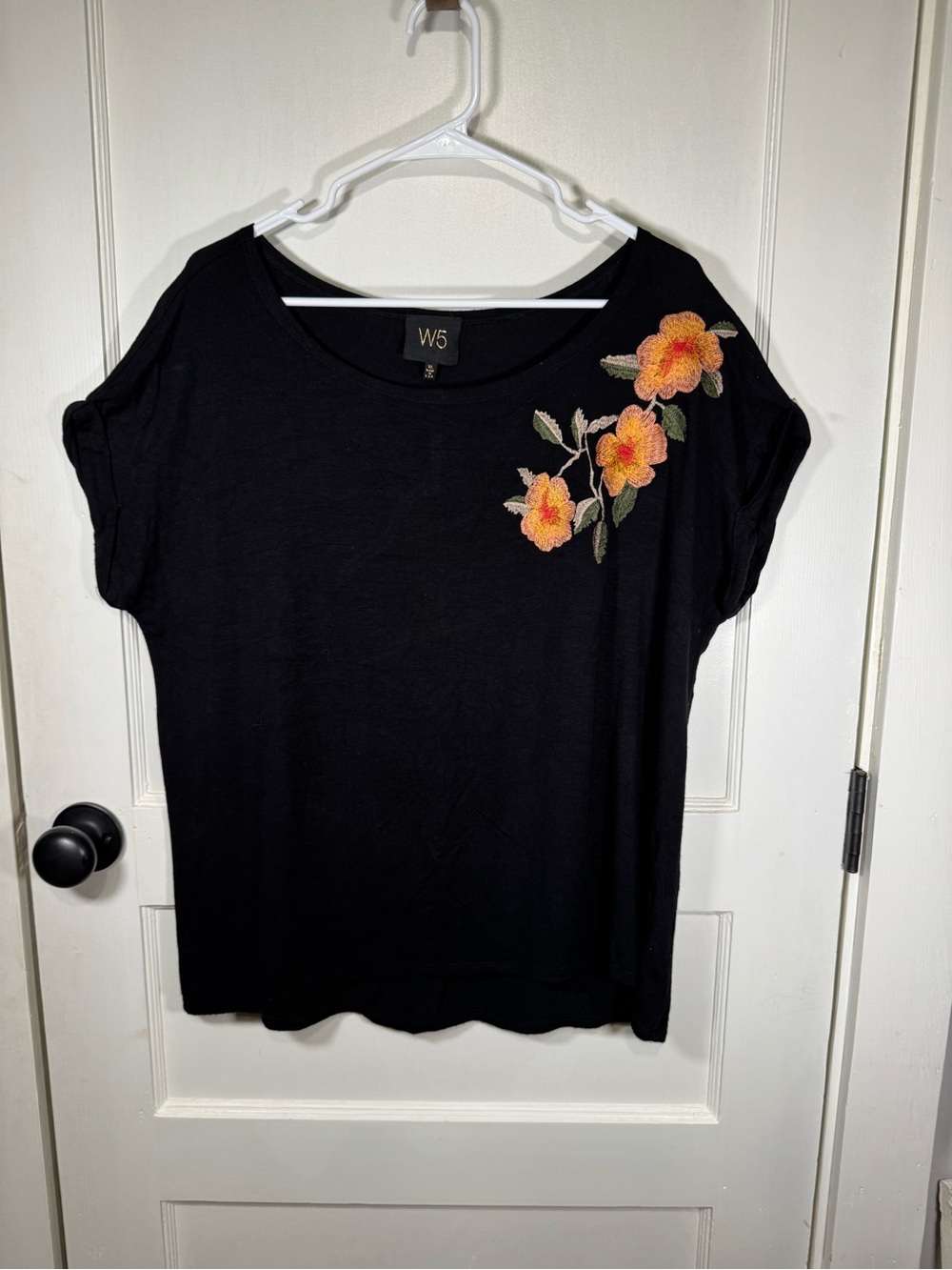 W5 Black Short-Sleeve Tee with Orange Floral Appliqué